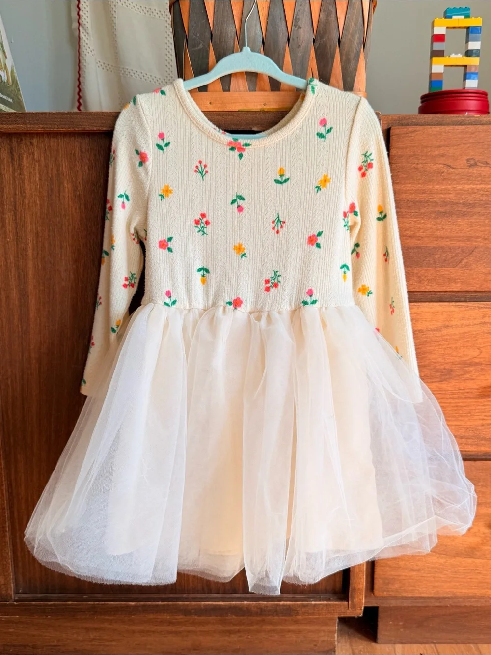 Cat & Jack Cream Floral Knit Dress with Tulle Skirt